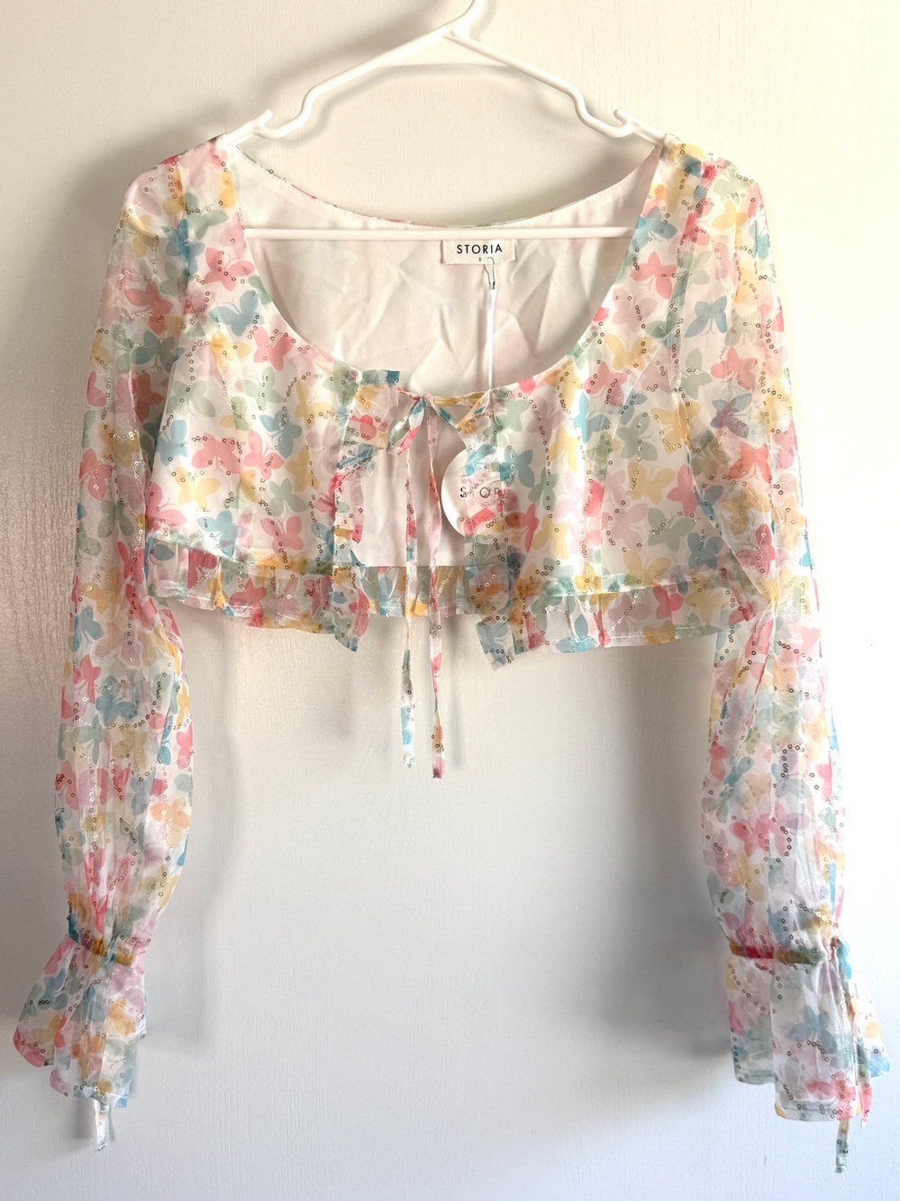 Storia Pastel Floral Tie-Front Sheer Crop Top Butterfly Sequin Whimsy Fairy
